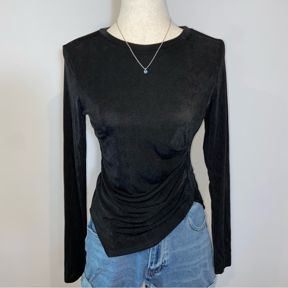Allie Rose black sheer ruched front side long sleeve mesh top Size Small